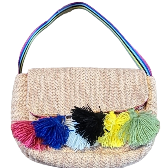 SMALL CUTE STRAW HAND BAG WITH COLORFUL POM POM - Picture 2 of 12